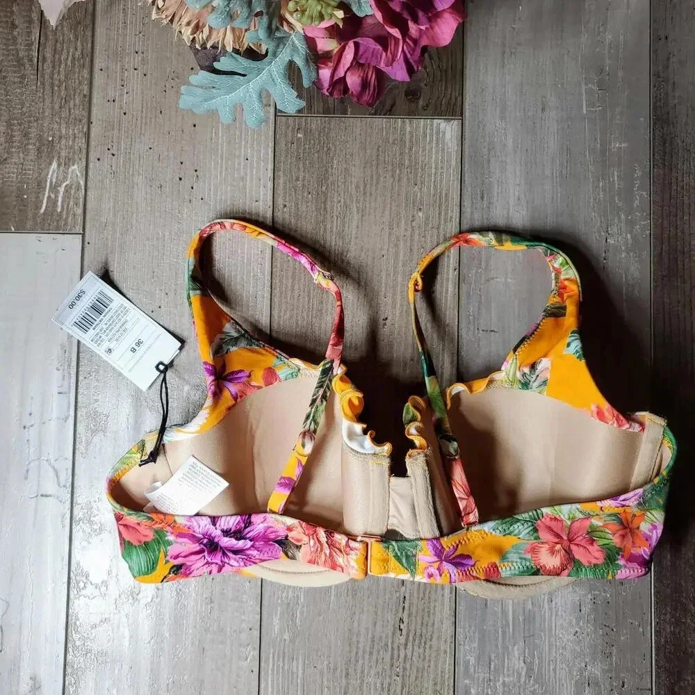 NWT Shade & Shore Women's Ruffle Underwire Bikini Top 36B Orange Green Floral